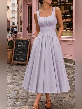 Women's Lilac Square-Neck Gathered Waist Maxi Dress #372
